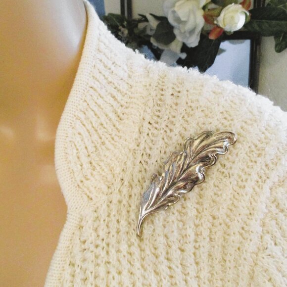 Vintage TORTOLANI Silver Plate Leaf Brooch: DESIGNER  Foliate Silver Jewelry - Picture 3 of 15